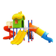 Nhà chòi cầu trượt liên hoàn mái cổ tích 2 khối ngoài trời HB8-007